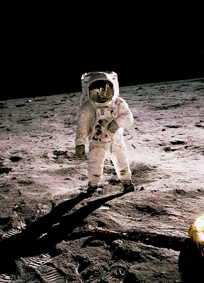 Apollo 11 astronaut Buzz Aldrin walks on the surface of the moon in 1969