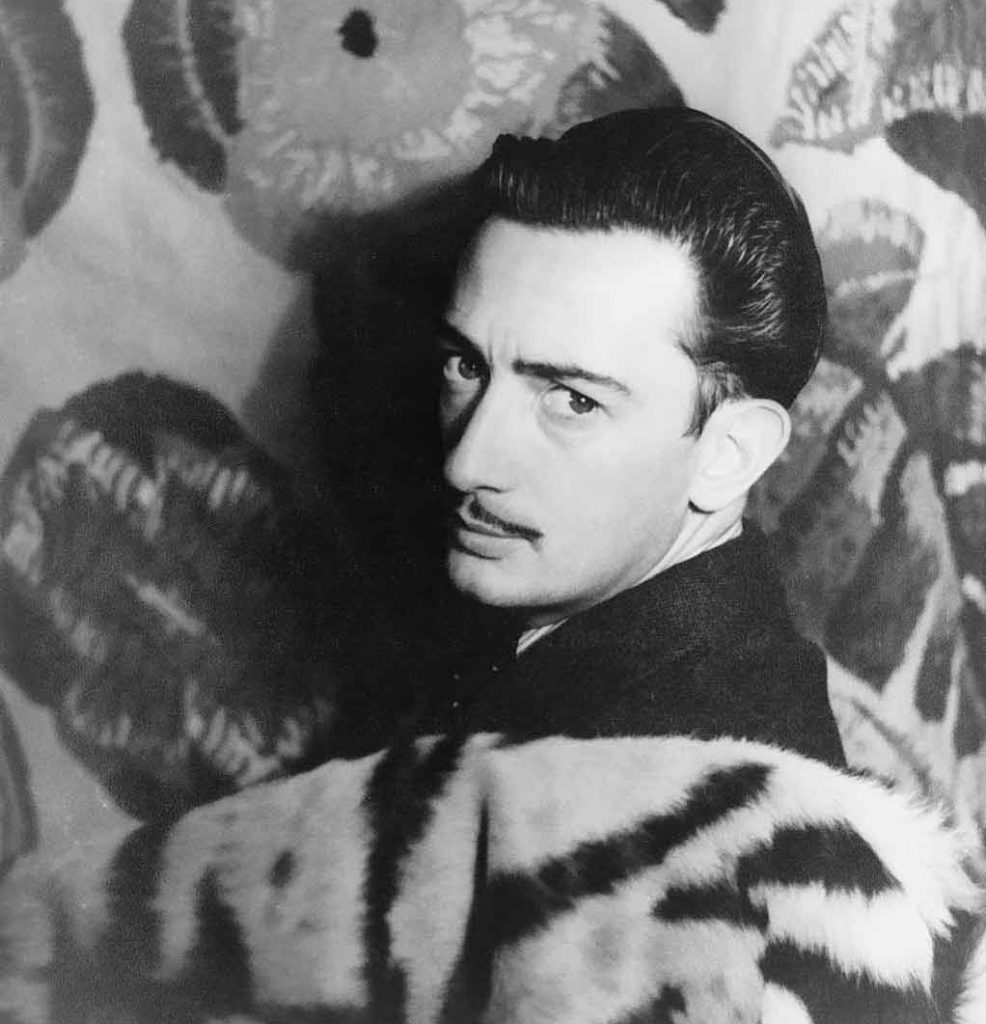 Salvador Dalí portrait with a flower and tiger pattern background (1939)
