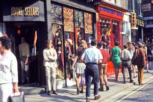 "Irvine Sellars" and other boutiques in Carnaby Street in 1968 London, UK