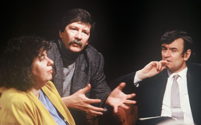 James Haynes (middle) on the TV discussion programme "After Dark" in 1988, with Andrea Dworkin (left) and host Anthony Clare (right)
