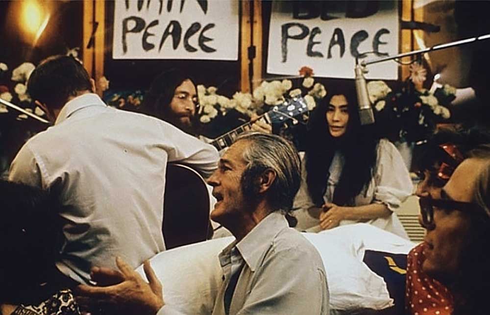 John Lennon and Yoko Ono recording Give Peace a Chance, at the Queen Elizabeth Hotel, Montreal, Canada (1969)