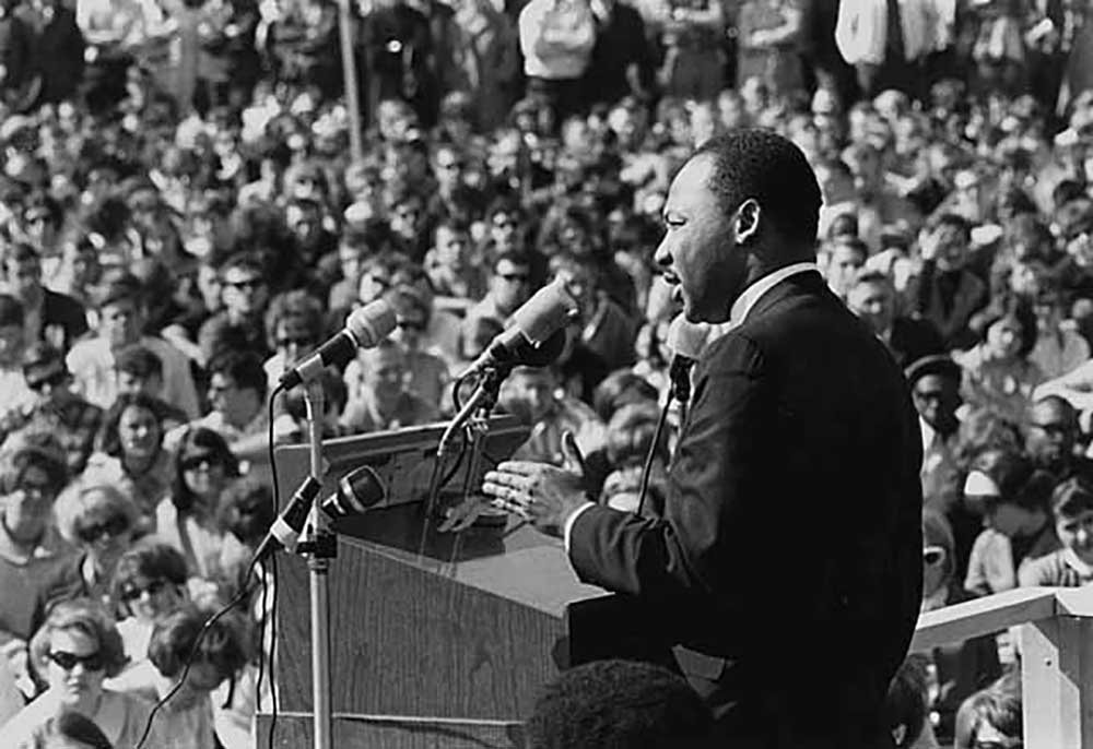 Martin Luther King speaking to an anti-Vietnam war rally at the University of Minnesota in 1967