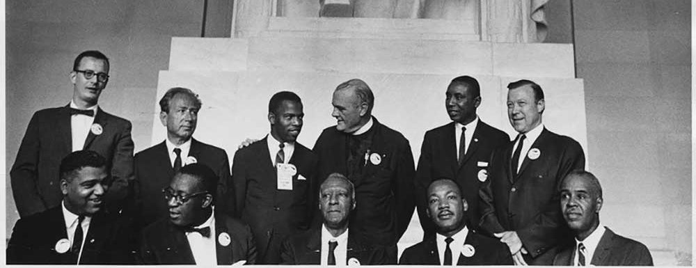 Leaders of the March on Washington posing in front of the Lincoln Memorial, Washington, D.C., USA (1963)