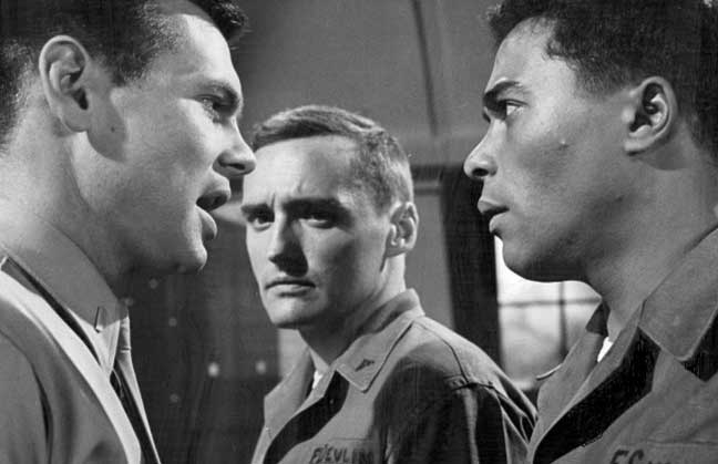 Scene from the television program "The Lieutenant". Pictured from left are: Gary Lockwood, Dennis Hopper and Don Marshall.