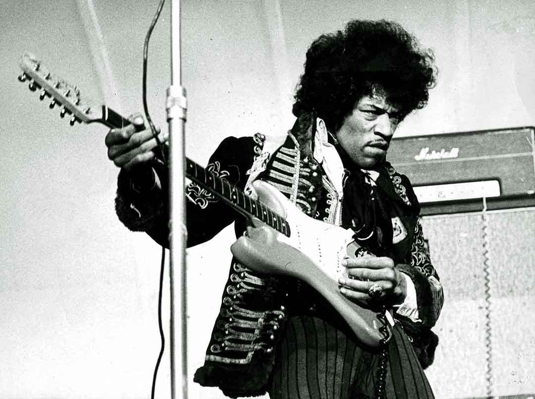 Jimi Hendrix playing at the amusement park Gröna Lund in Stockholm, Sweden, 1967.