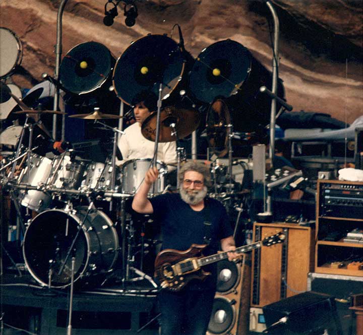 Jerry Garcia (front, playing 'Tiger') and Mickey Hart (back, playing drums) of the "Grateful Dead" at Red Rocks Amphitheatre in Colorado (1987)