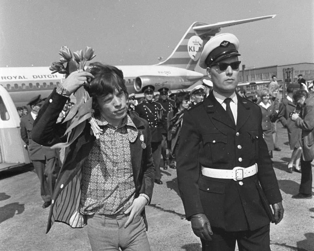 Rolling Stones' Mick Jagger arriving at the Schiphol airport in Amsterdam, Netherlands (1967)