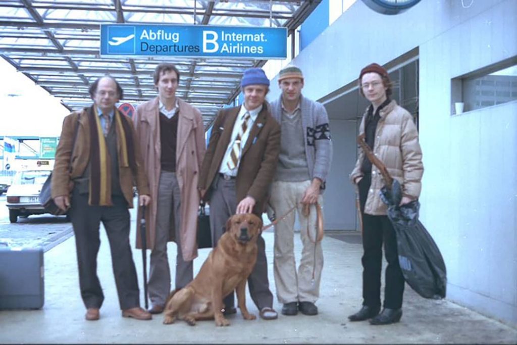 Allen Ginsberg (left) with Peter Orlovski (middle) and Steven Taylor (right) at Frankfurt Airport (1978)