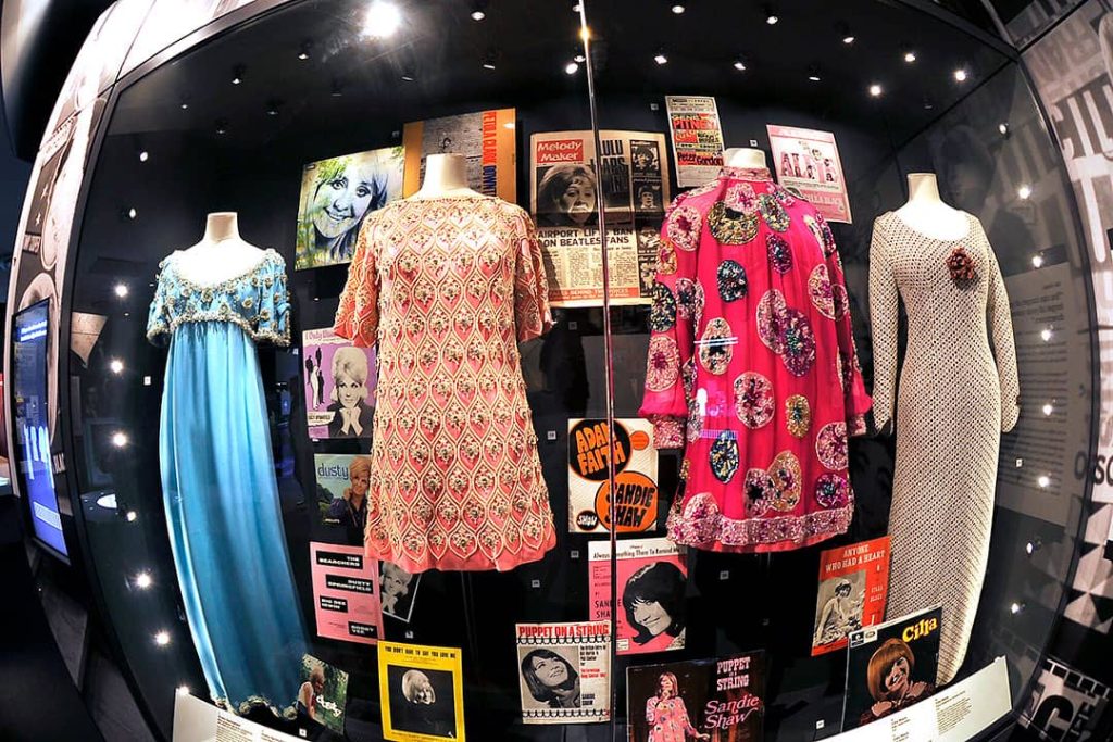 Display cabinet with outfits wore by Cilla Black and Dusty Springfield
