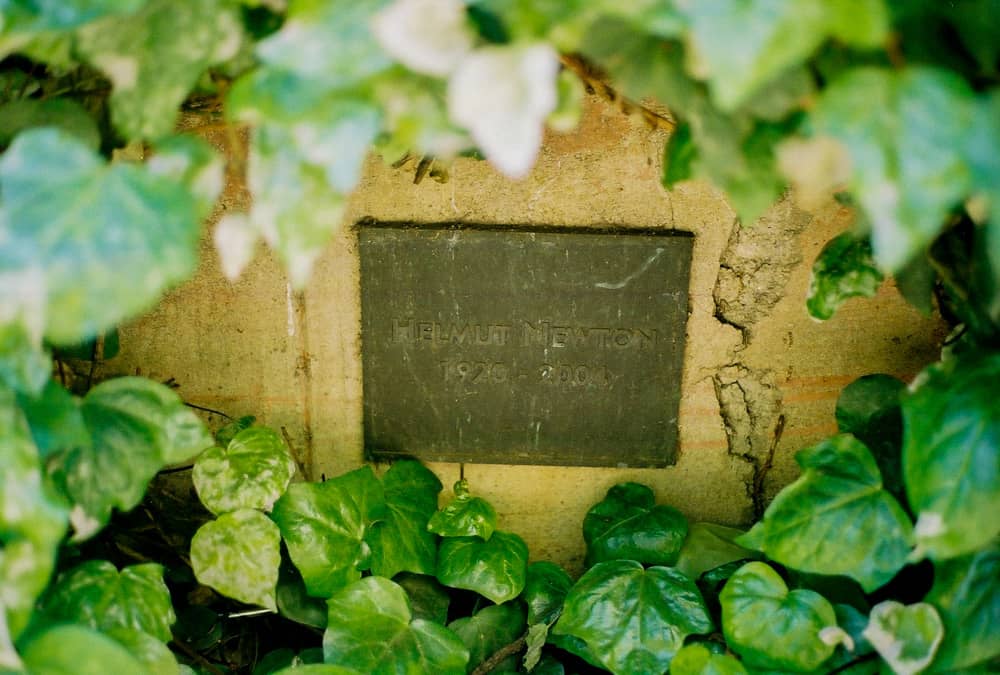 Photograph of Helmut Newton's memorial plaque at Chateau Marmont