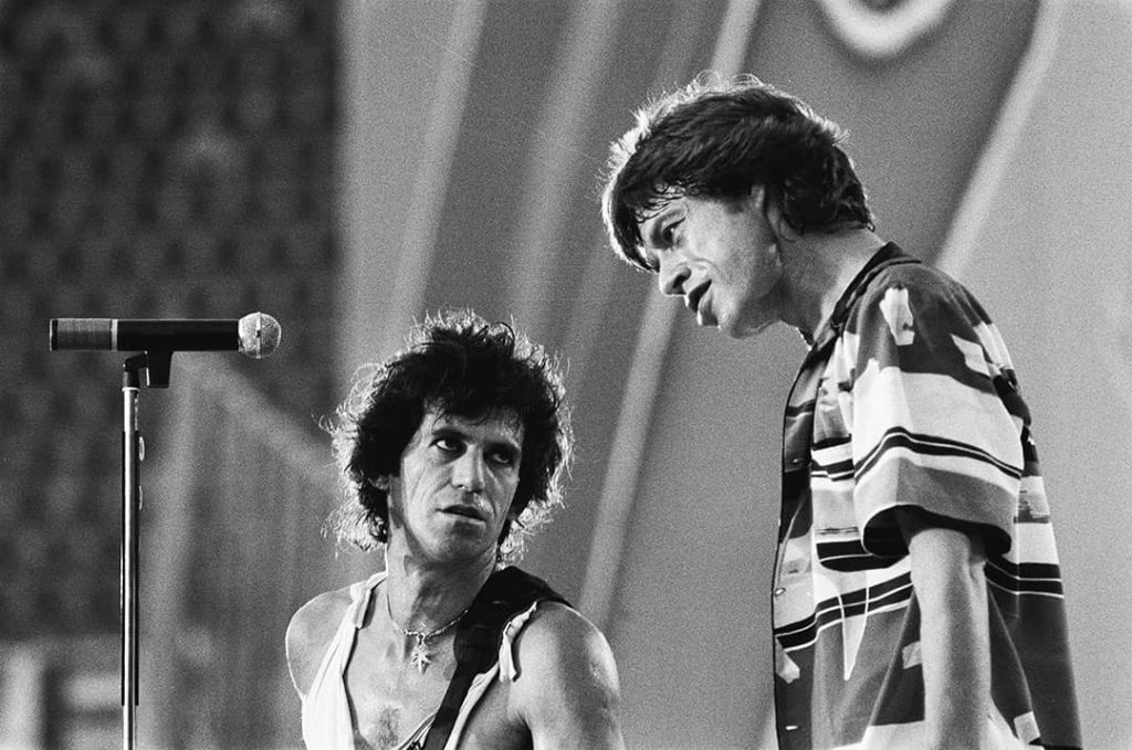 Keith Richard (left) and Mick Jagger (right) performing in the Feijenoord stadium, Rotterdam (1982)