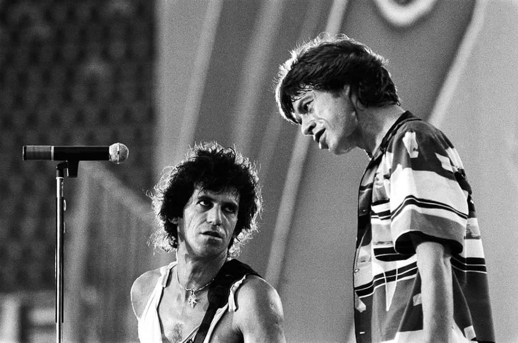 Keith Richard (left) and Mick Jagger (right) performing in the Feijenoord stadium, Rotterdam (1982)