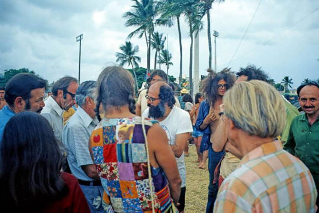 Allen Ginsberg conversing with the protestors at the Vietnam anti-war protest on Miami Beach, Florida (1972)