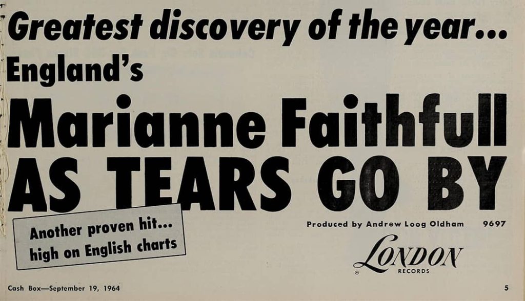 Advertisement poster for Marianne Faithfull's single "As Tears Go By" (1964)