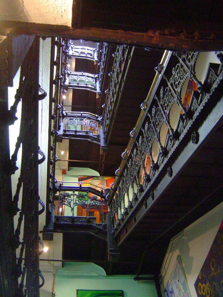 Low angle photograph of the Chelsea Hotel interior staircase (2005)