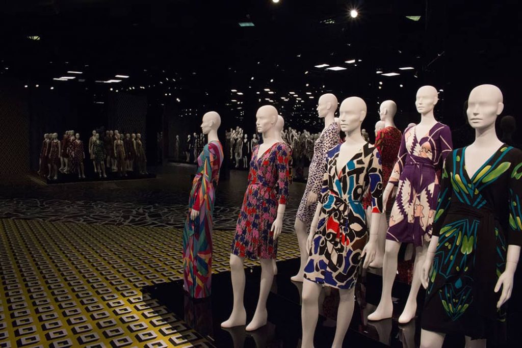 Display of Diane von Fürstenberg's colourful wrap dresses at LACMA in "DVF:Journey of a Dress", Los Angeles, USA (2014)