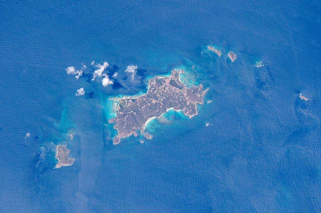 Space view of Mustique island uploaded to Twitter (now called X) by Timothy Kopra whilst he was in the in the International Space Station (2016)