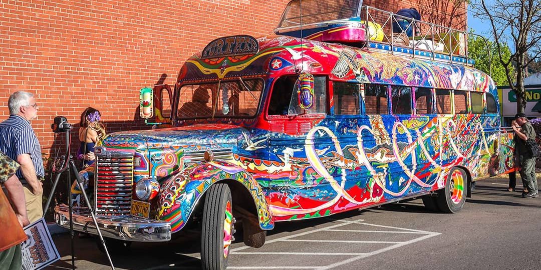 Ken Kesey's school tour bus, Further, photographed at the Springfield's Kesey exhibit in Springfield, Oregon, USA (2014)