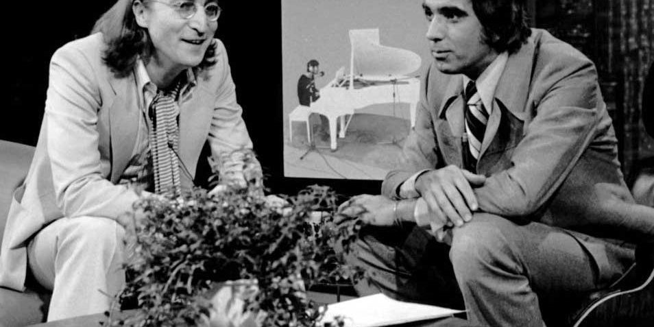 Publicity photo of John Lennon (left) and host Tom Snyder (right) from the television programme "Tomorrow" (1975)