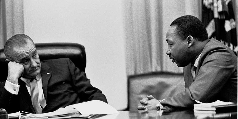President Lyndon B. Johnson meeting with Martin Luther King Jr. in the White House Cabinet Room (1966)