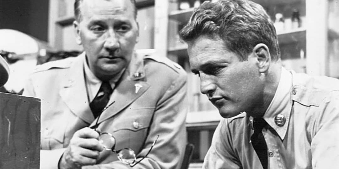 Photo of Edward Andrews (left) and Paul Newman (right) from the Kaiser Aluminum Hour presentation of "The Army Game" (1956)