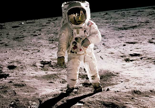Apollo 11 astronaut Buzz Aldrin walks on the surface of the moon in 1969