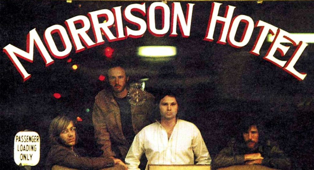 Cover picture of The Doors album 'Morrison Hotel'. From left to right: Ray Manzarek, Robby Krieger, Jim Morrison, and John Densmore (circa 1970)